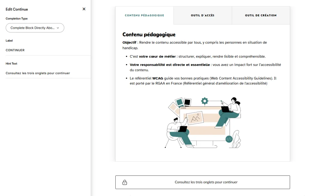 Capture Rise 360 montrant le bouton Continuer paramétré en mode attente de complétion et indiquant "Consultez les onglets pour continuer".