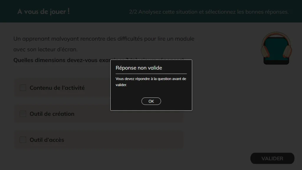 Capture Storyline de la modale par défaut pour une réponse non renseignée (vous devez répondre à la question avant de valider).