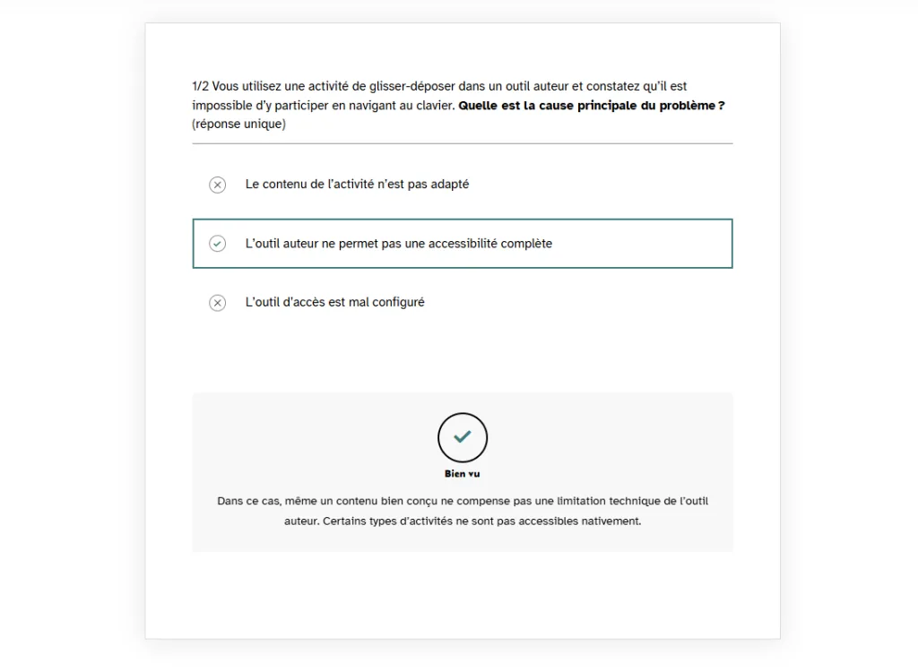 Capture Rise 360 d'un retour sur quiz : feedback "Bien Vu" et debrief explicatif.
