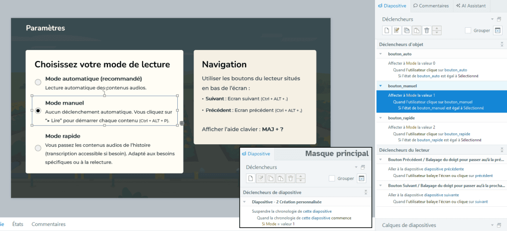 Capture Storyline d'un écran de paramétrage avec 3 modes de lecture : automatique, manuel et rapide. A droite exemple de déclencheur pour le manuel qui met en pause la chronologie.