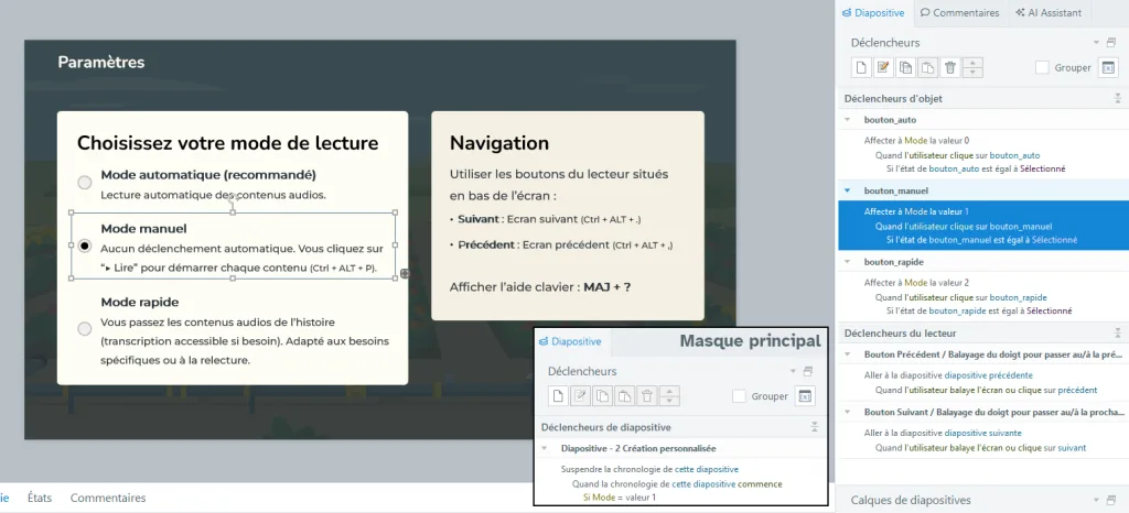 Capture Storyline d'un écran de paramétrage avec 3 modes de lecture : automatique, manuel et rapide. A droite exemple de déclencheur pour le manuel qui met en pause la chronologie.