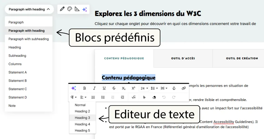Capture d'une interface sur Rise 360 qui met avant les blocs de titres prédéfinis et les titres à préciser dans l'éditeur de texte; 