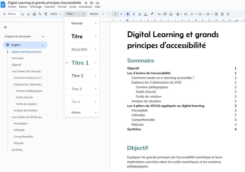 Capture d'un document Google Slide qui montre le sommaire généré automatiquement et les titres de niveau. 